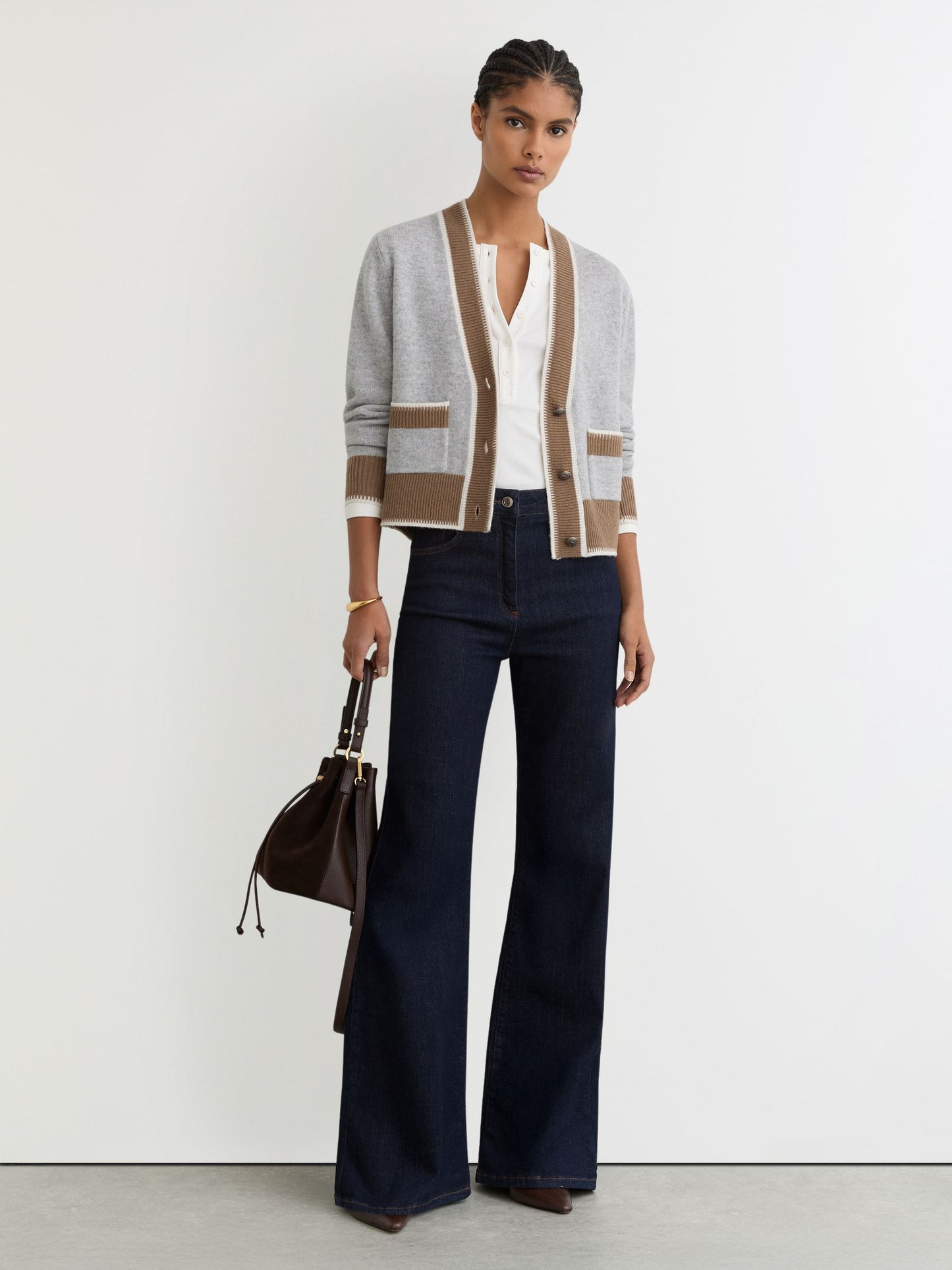 Wool-Cashmere Tipped Cardigan in Grey/Neutral