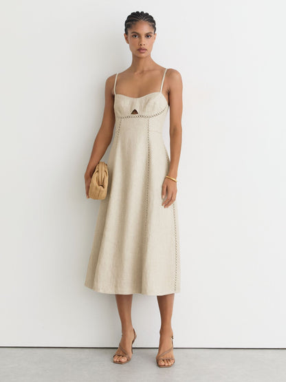 Linen-Blend Fit-and-Flare Midi Dress in Neutral