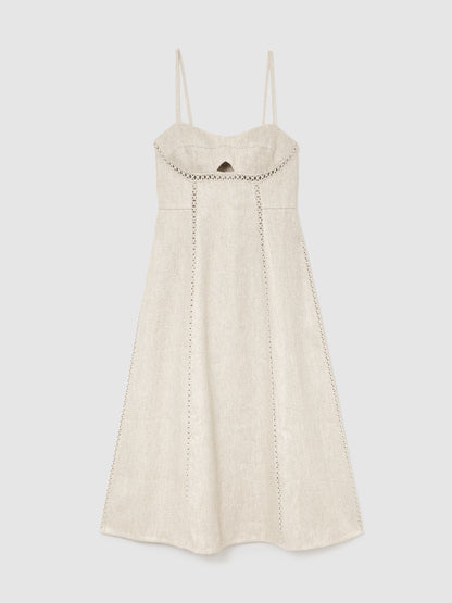 Linen-Blend Fit-and-Flare Midi Dress in Neutral