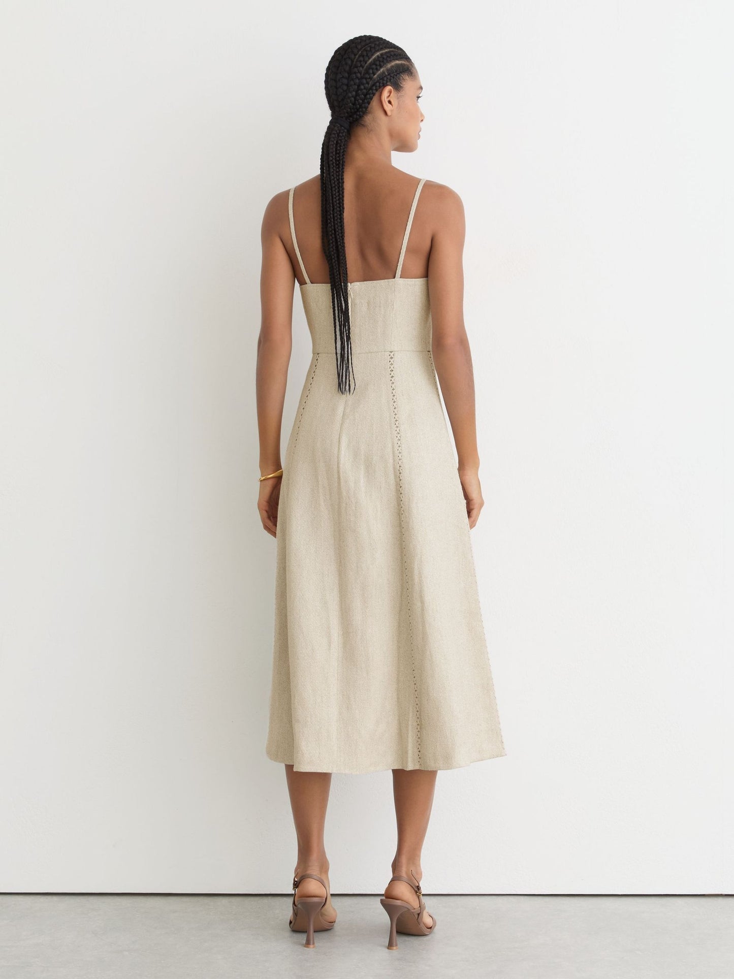 Linen-Blend Fit-and-Flare Midi Dress in Neutral