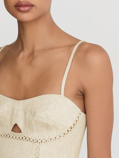 Linen-Blend Fit-and-Flare Midi Dress in Neutral