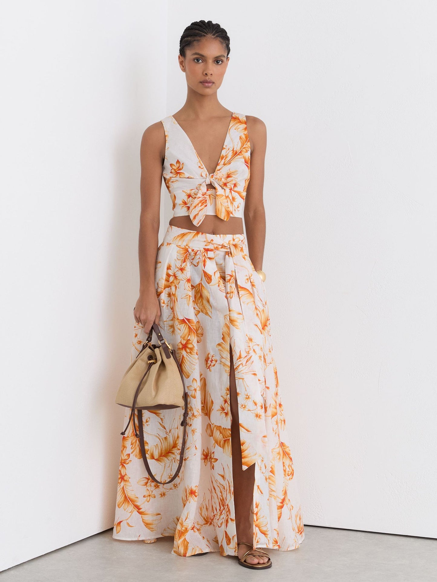 Linen Floral-Print Maxi Skirt in Ivory/Orange