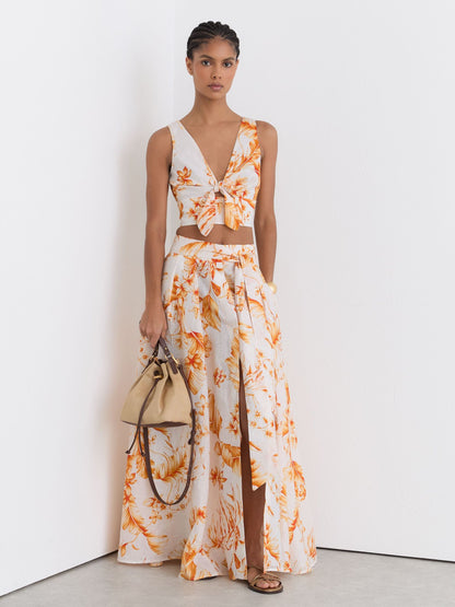 Linen Floral-Print Maxi Skirt in Ivory/Orange