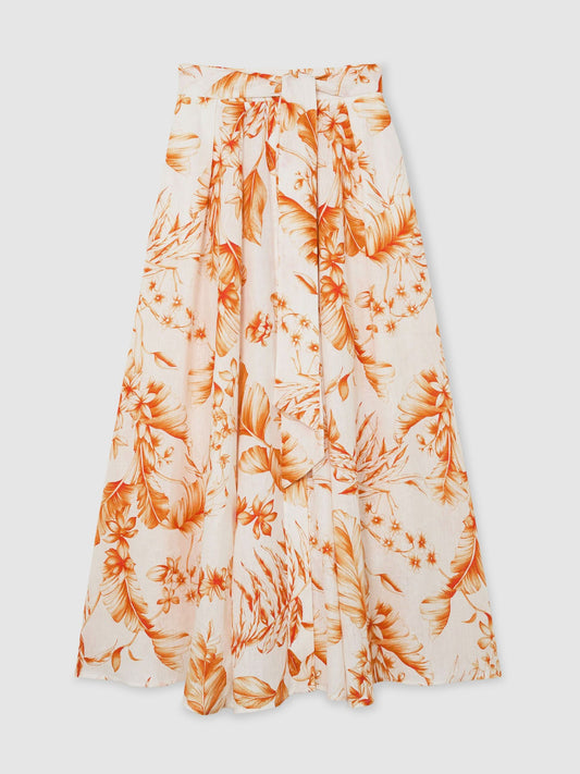 Linen Floral-Print Maxi Skirt in Ivory/Orange