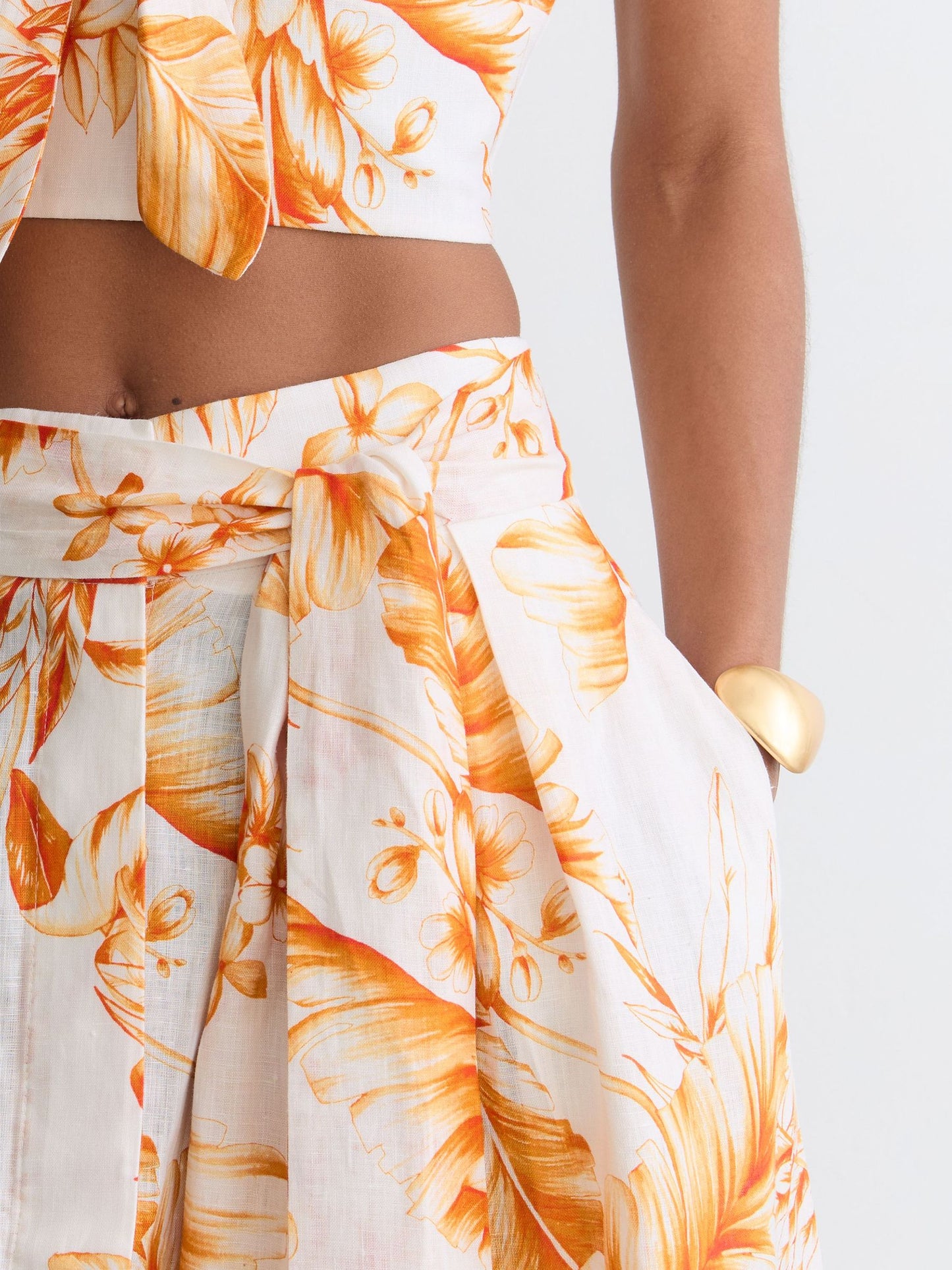Linen Floral-Print Maxi Skirt in Ivory/Orange