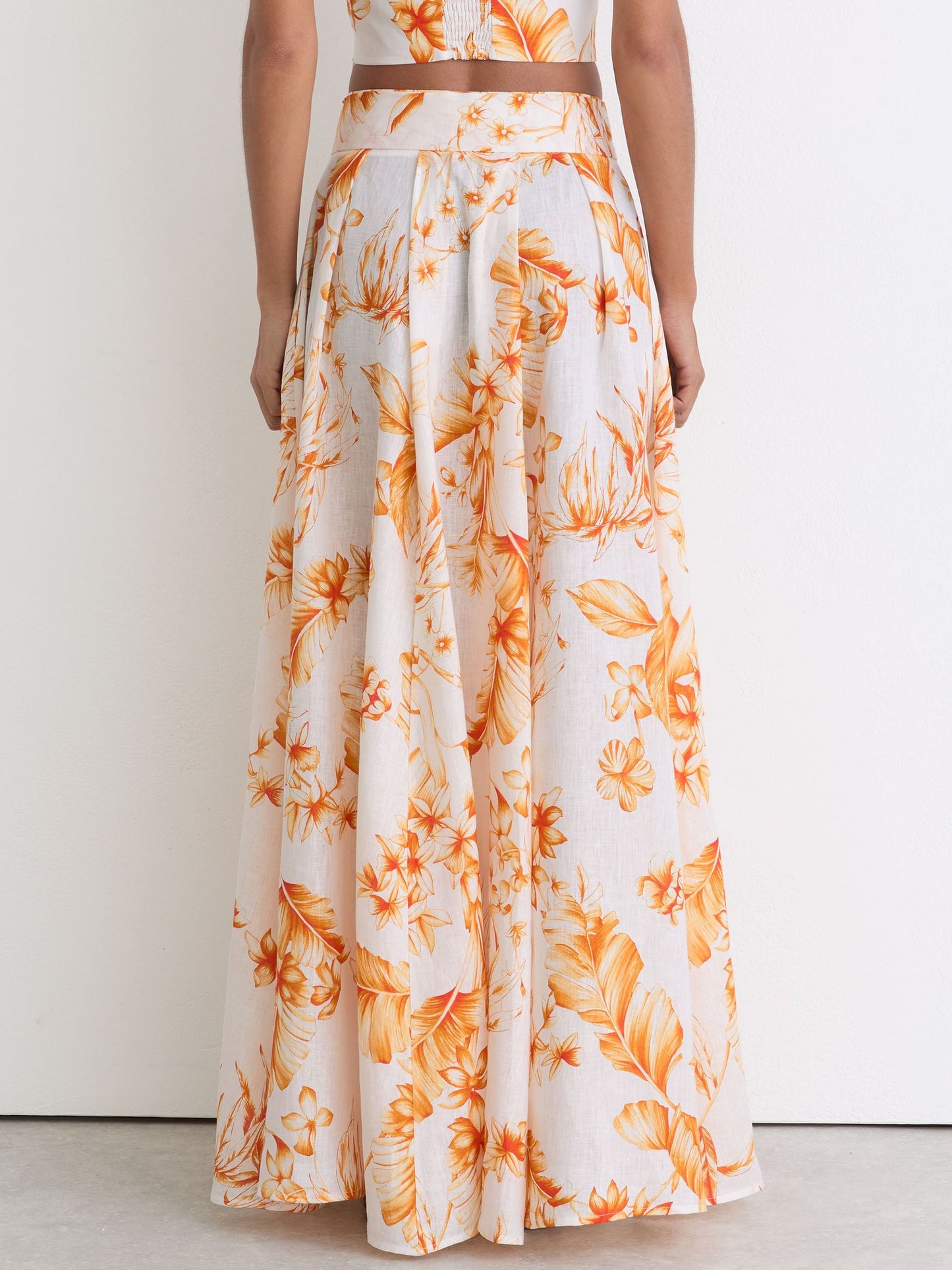 Linen Floral-Print Maxi Skirt in Ivory/Orange