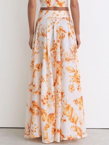 Linen Floral-Print Maxi Skirt in Ivory/Orange