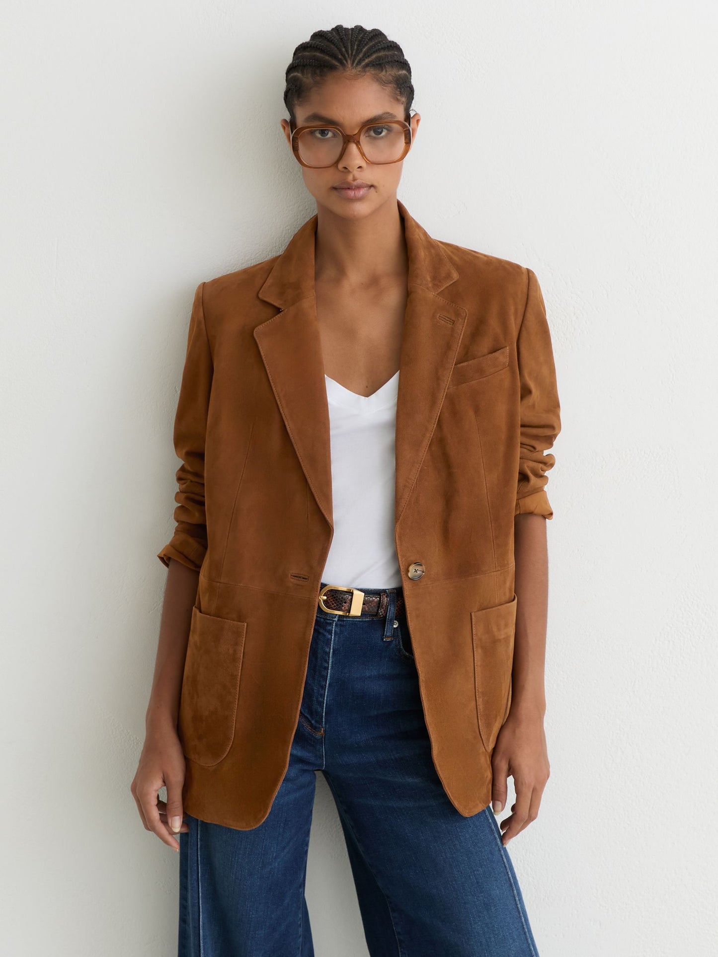 Suede Single-Breasted Relaxed-Fit Blazer in Tan Brown