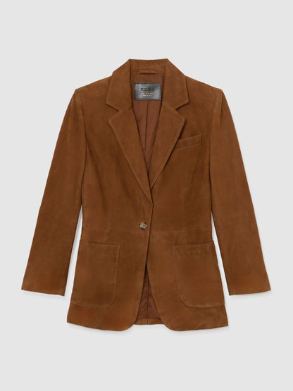 Suede Single-Breasted Relaxed-Fit Blazer in Tan Brown