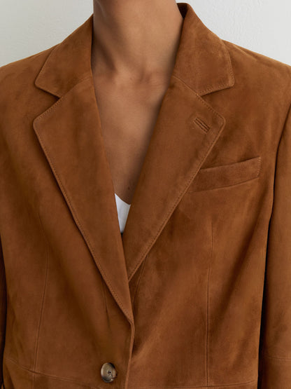 Suede Single-Breasted Relaxed-Fit Blazer in Tan Brown
