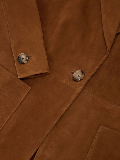 Suede Single-Breasted Relaxed-Fit Blazer in Tan Brown