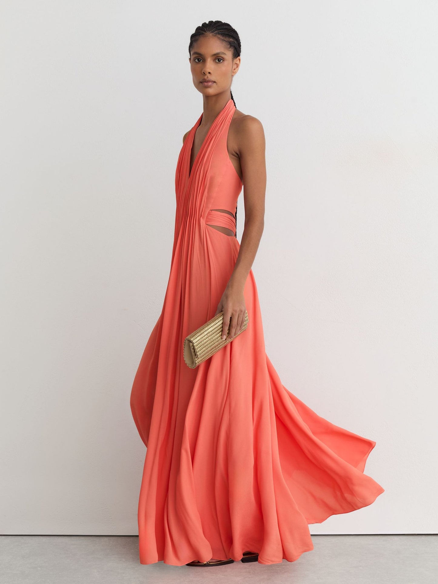 Halterneck Pleated Maxi Dress in Coral Pink