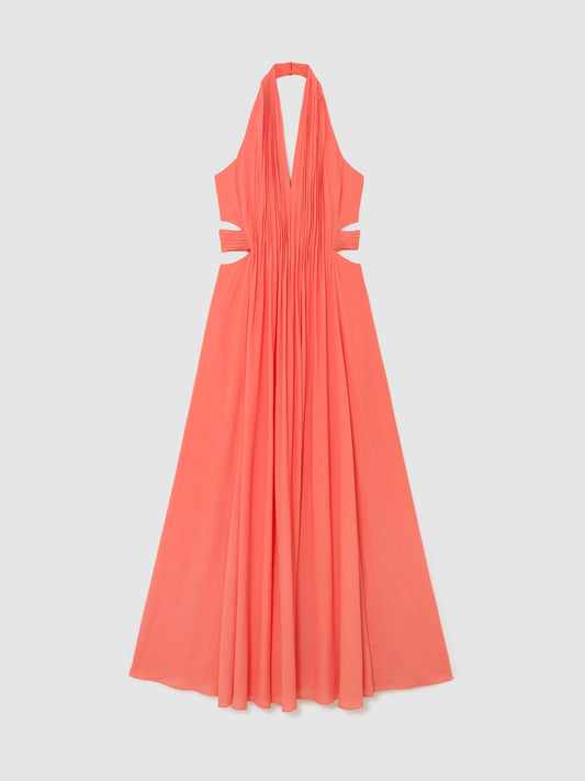 Halterneck Pleated Maxi Dress in Coral Pink