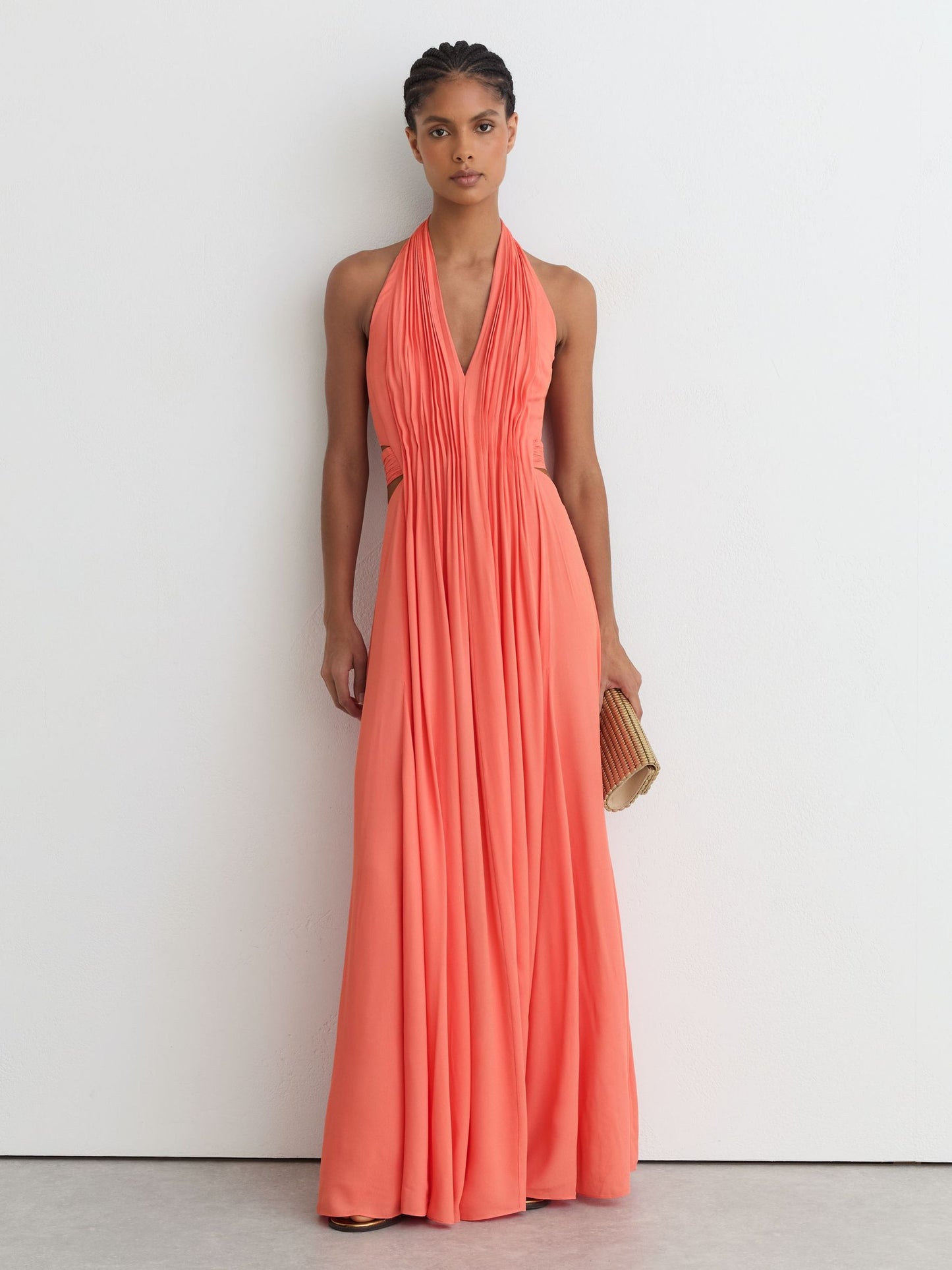 Halterneck Pleated Maxi Dress in Coral Pink