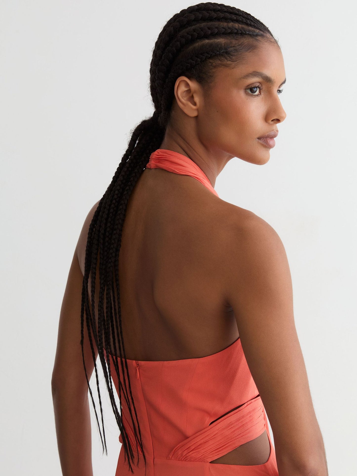 Halterneck Pleated Maxi Dress in Coral Pink