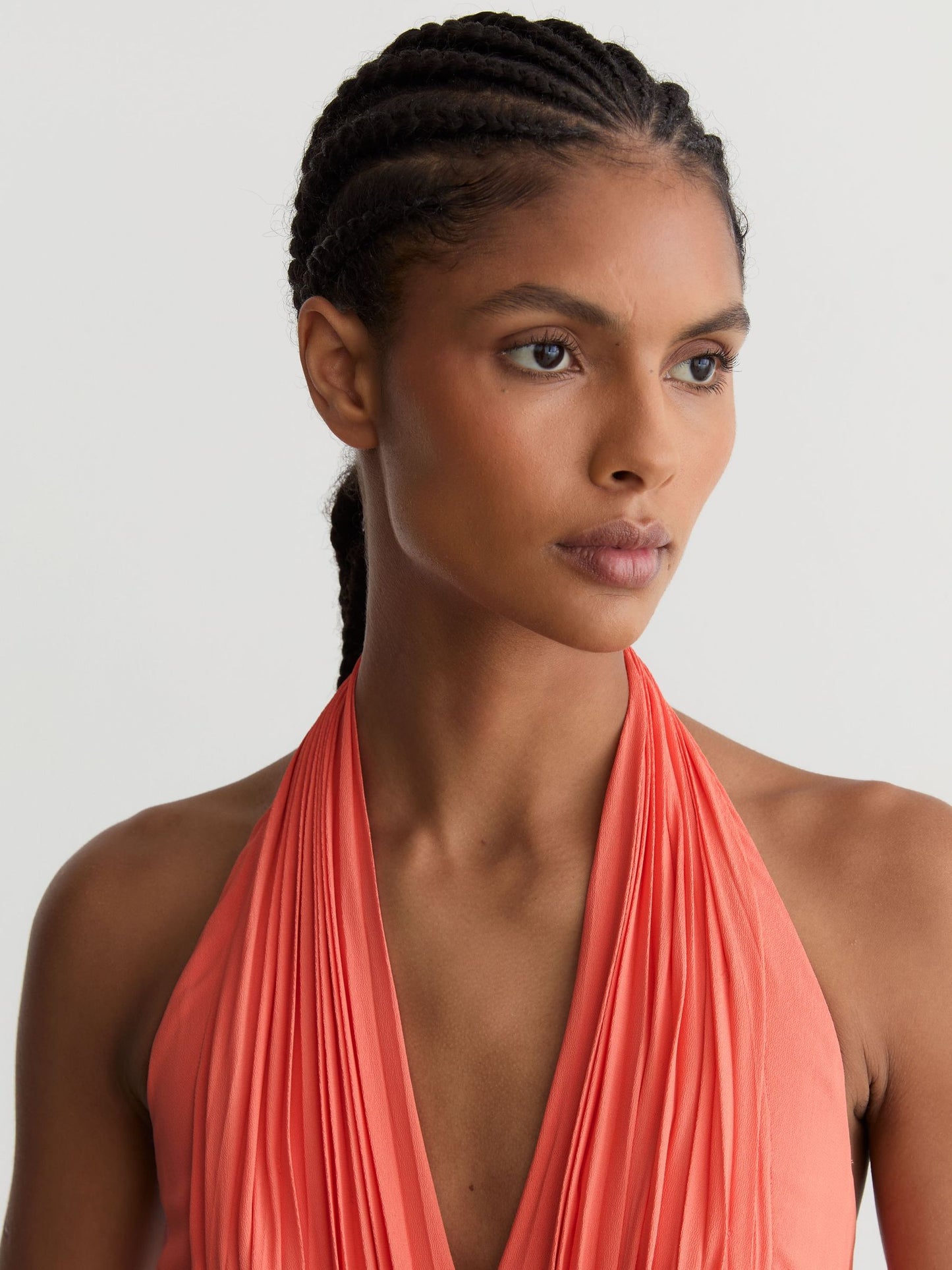 Halterneck Pleated Maxi Dress in Coral Pink