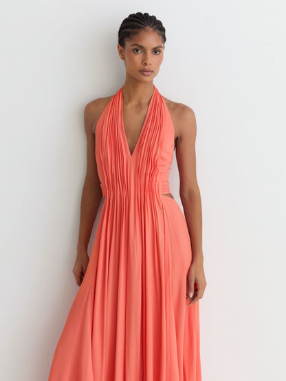 Halterneck Pleated Maxi Dress in Coral Pink