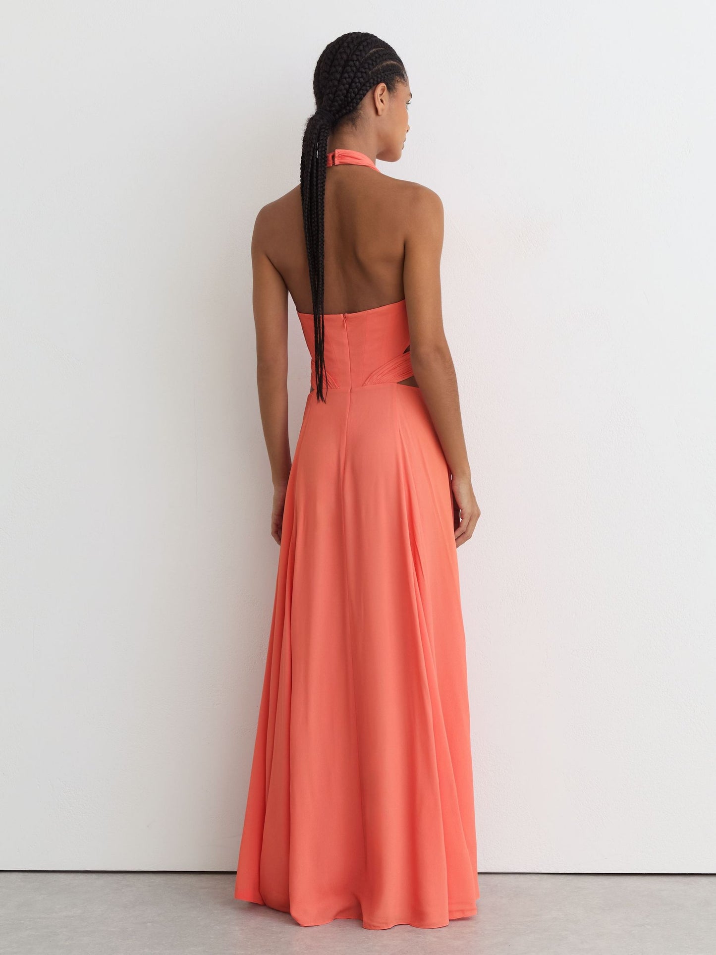 Halterneck Pleated Maxi Dress in Coral Pink