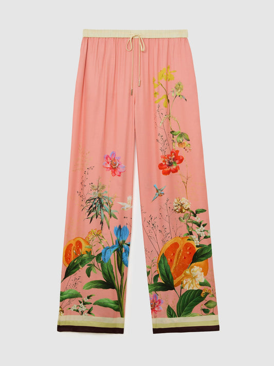 Tropical Scarf-Print Wide-Leg Trousers in Pink