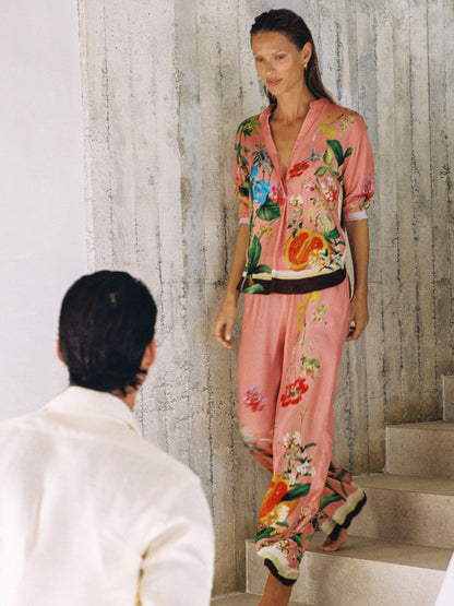Tropical Scarf-Print Wide-Leg Trousers in Pink