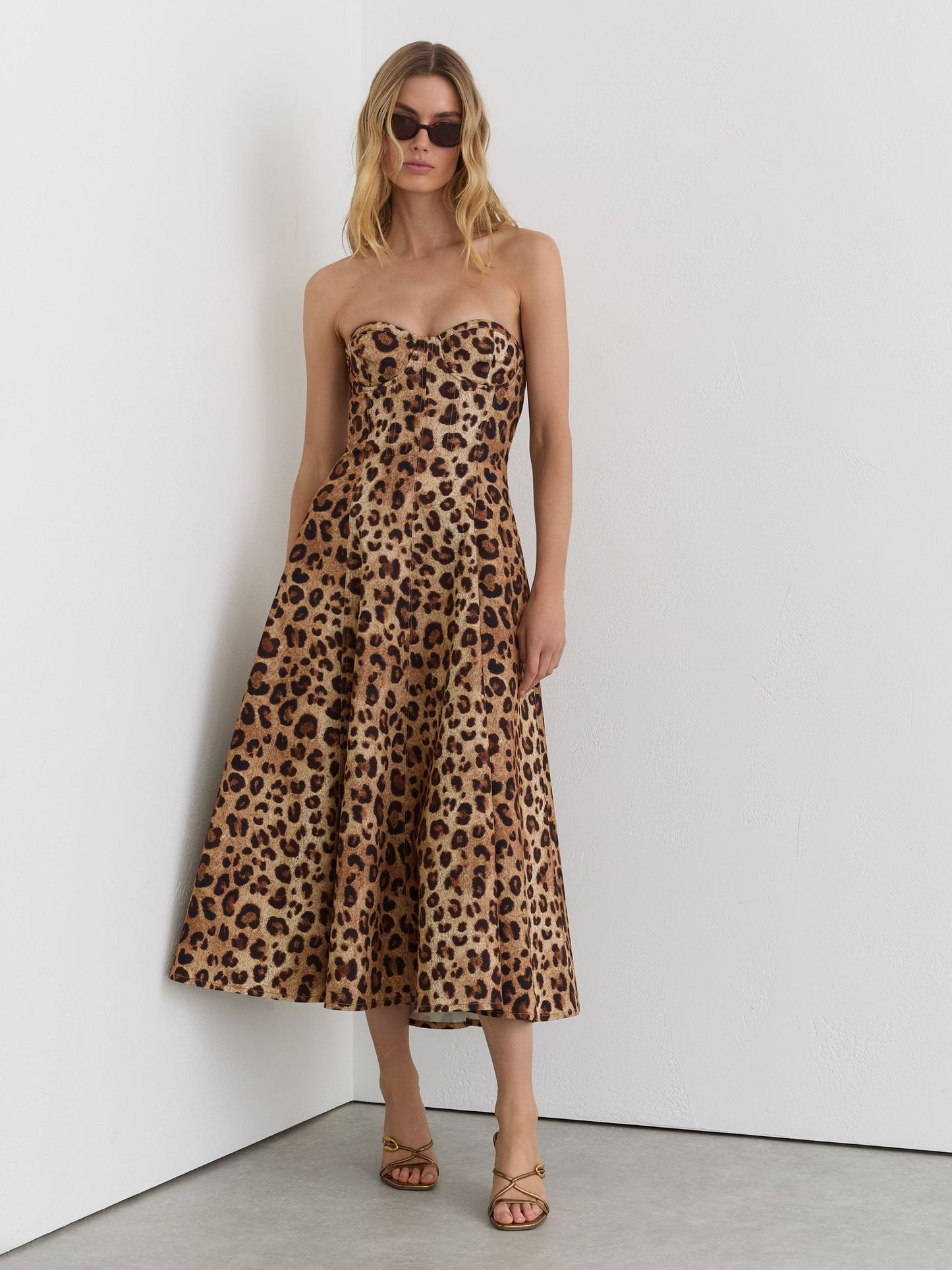 Strapless Leopard-Print Corset Midi Dress in Neutral