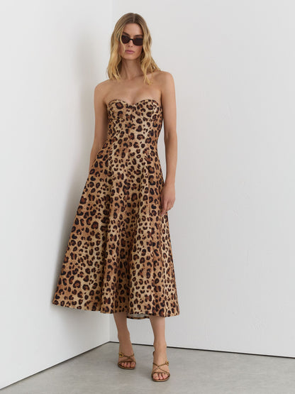 Strapless Leopard-Print Corset Midi Dress in Neutral