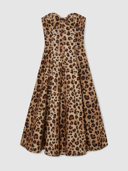 Strapless Leopard-Print Corset Midi Dress in Neutral