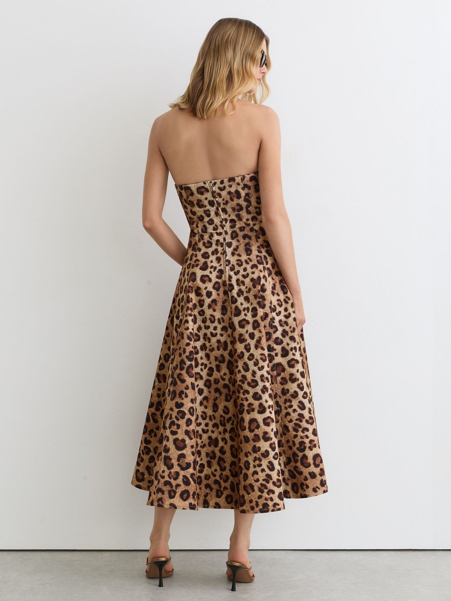 Strapless Leopard-Print Corset Midi Dress in Neutral