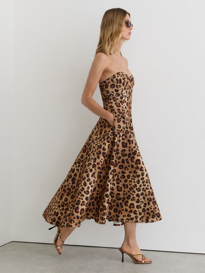 Strapless Leopard-Print Corset Midi Dress in Neutral