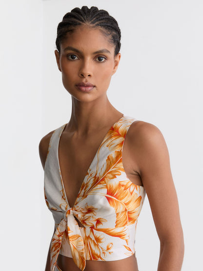 Linen Floral Print Tie Front Top in Ivory/Orange