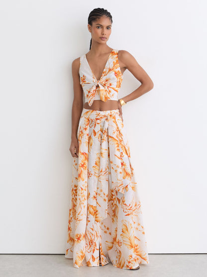 Linen Floral Print Tie Front Top in Ivory/Orange