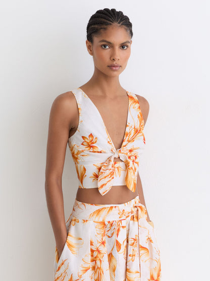 Linen Floral Print Tie Front Top in Ivory/Orange