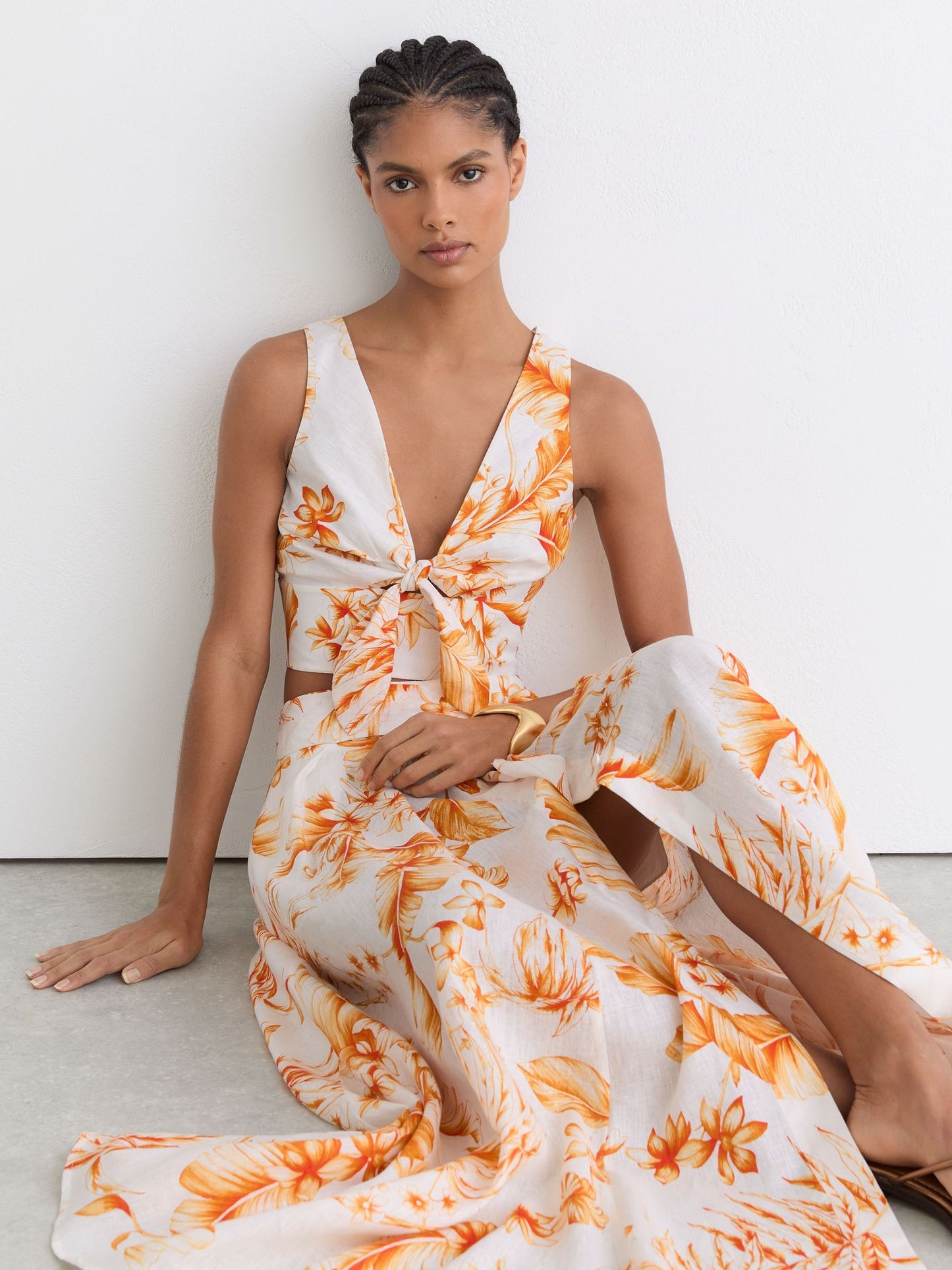 Linen Floral Print Tie Front Top in Ivory/Orange