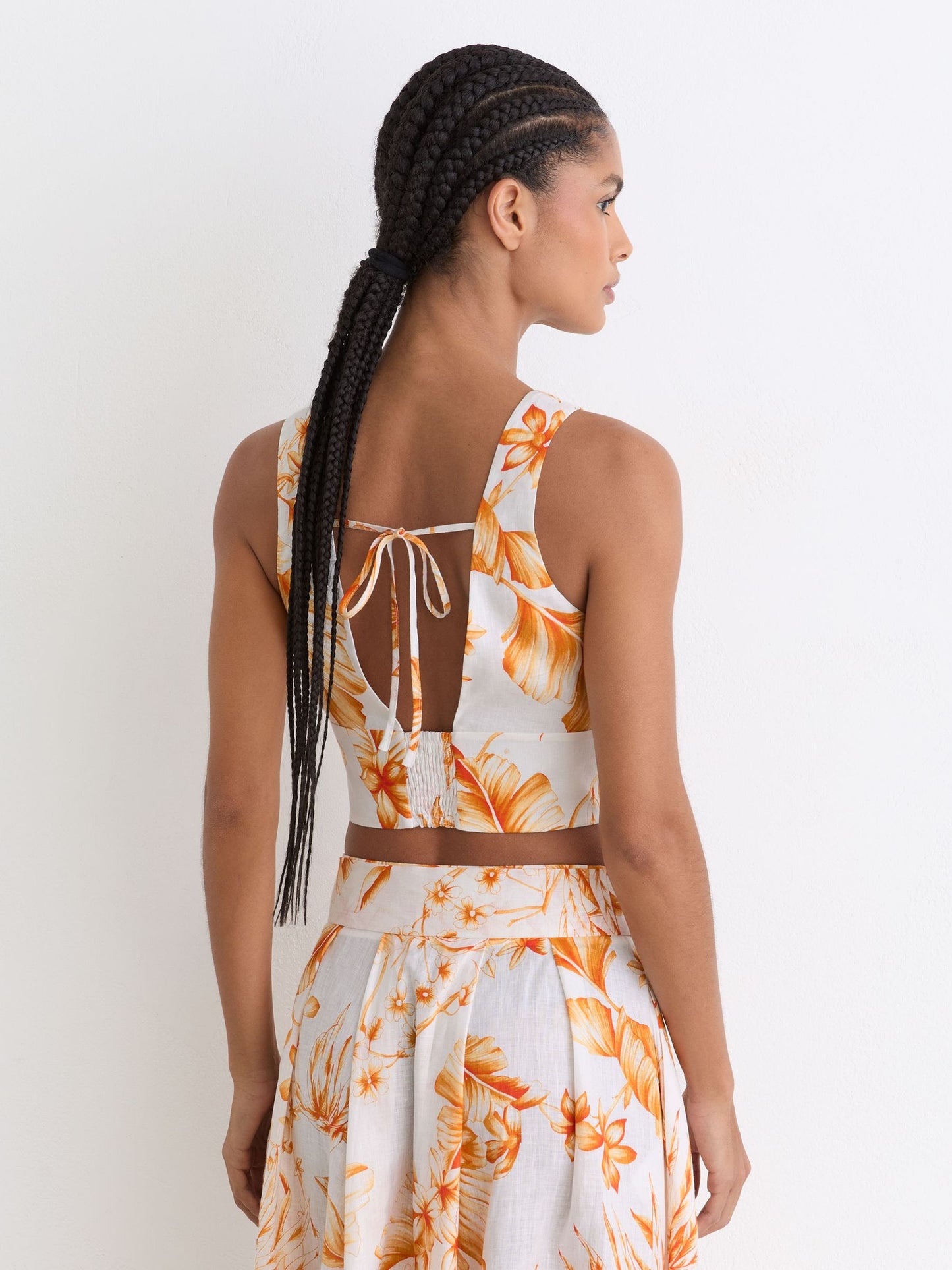 Linen Floral Print Tie Front Top in Ivory/Orange