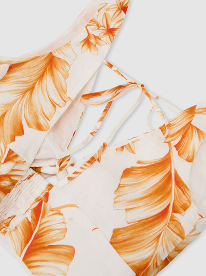 Linen Floral Print Tie Front Top in Ivory/Orange
