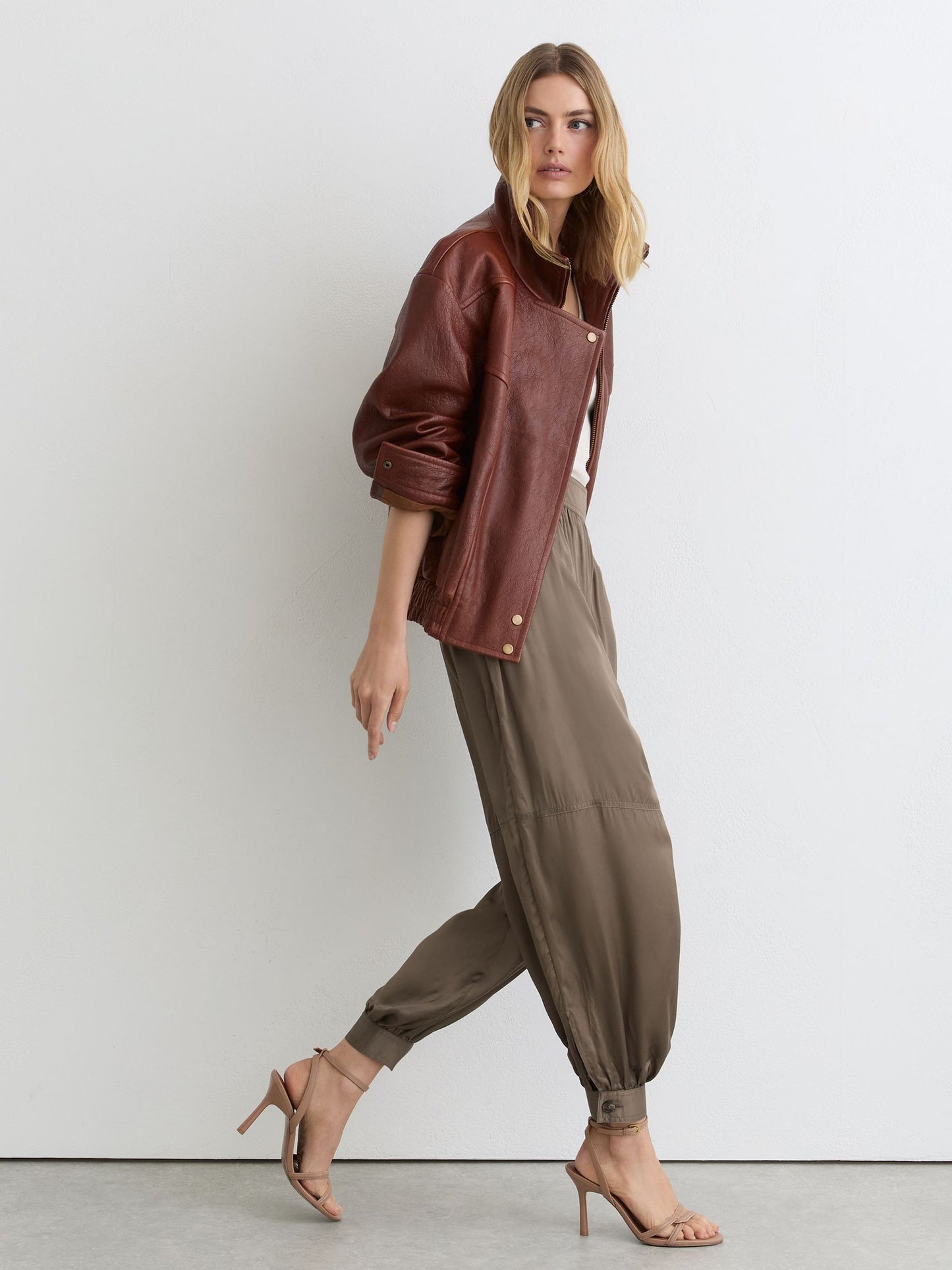 Satin Balloon-Leg Trousers in Taupe Neutral