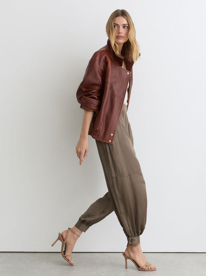 Satin Balloon-Leg Trousers in Taupe Neutral