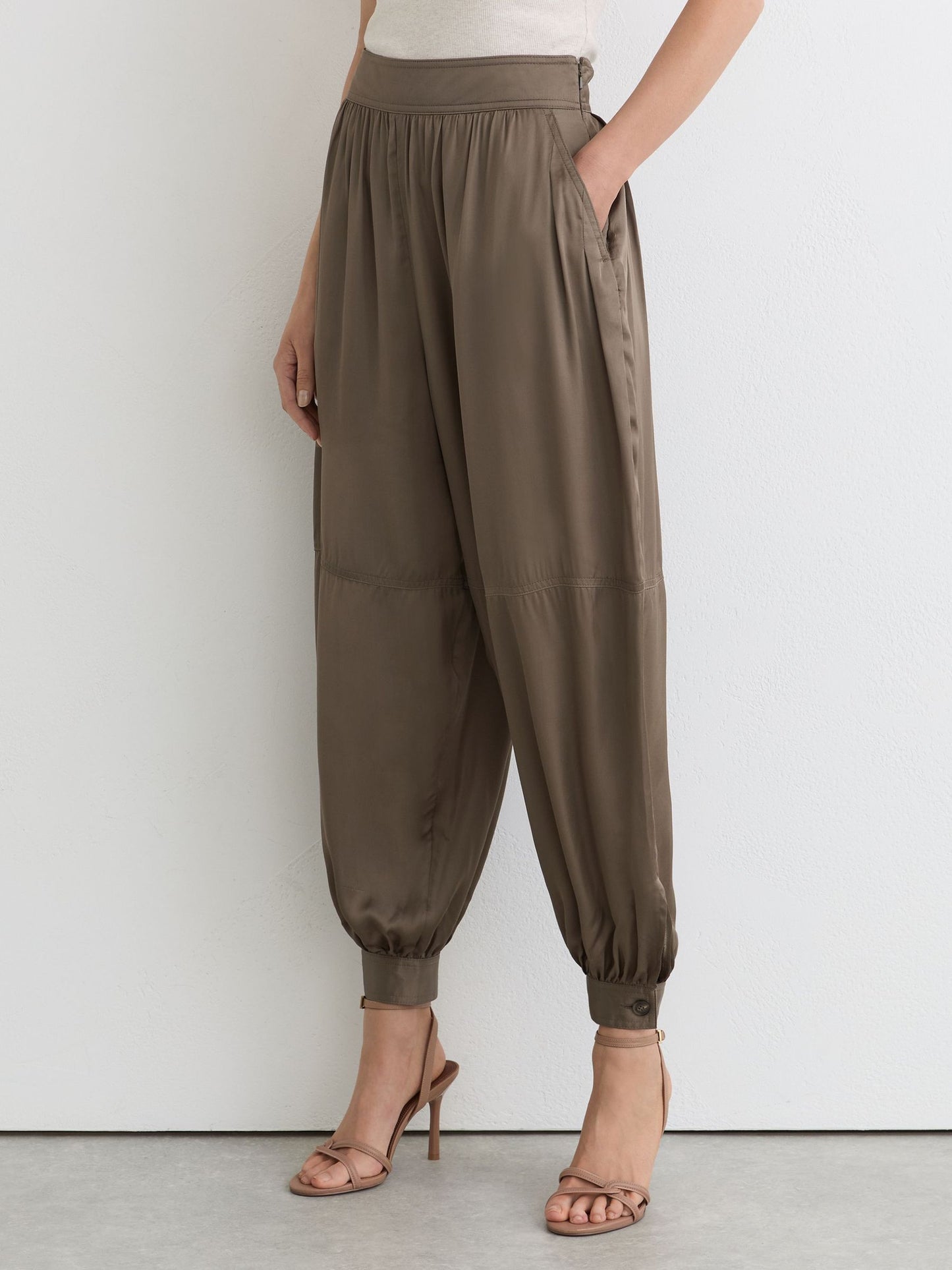 Satin Balloon-Leg Trousers in Taupe Neutral