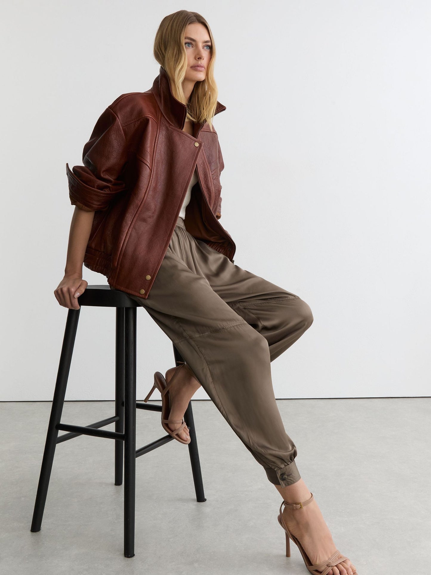 Satin Balloon-Leg Trousers in Taupe Neutral