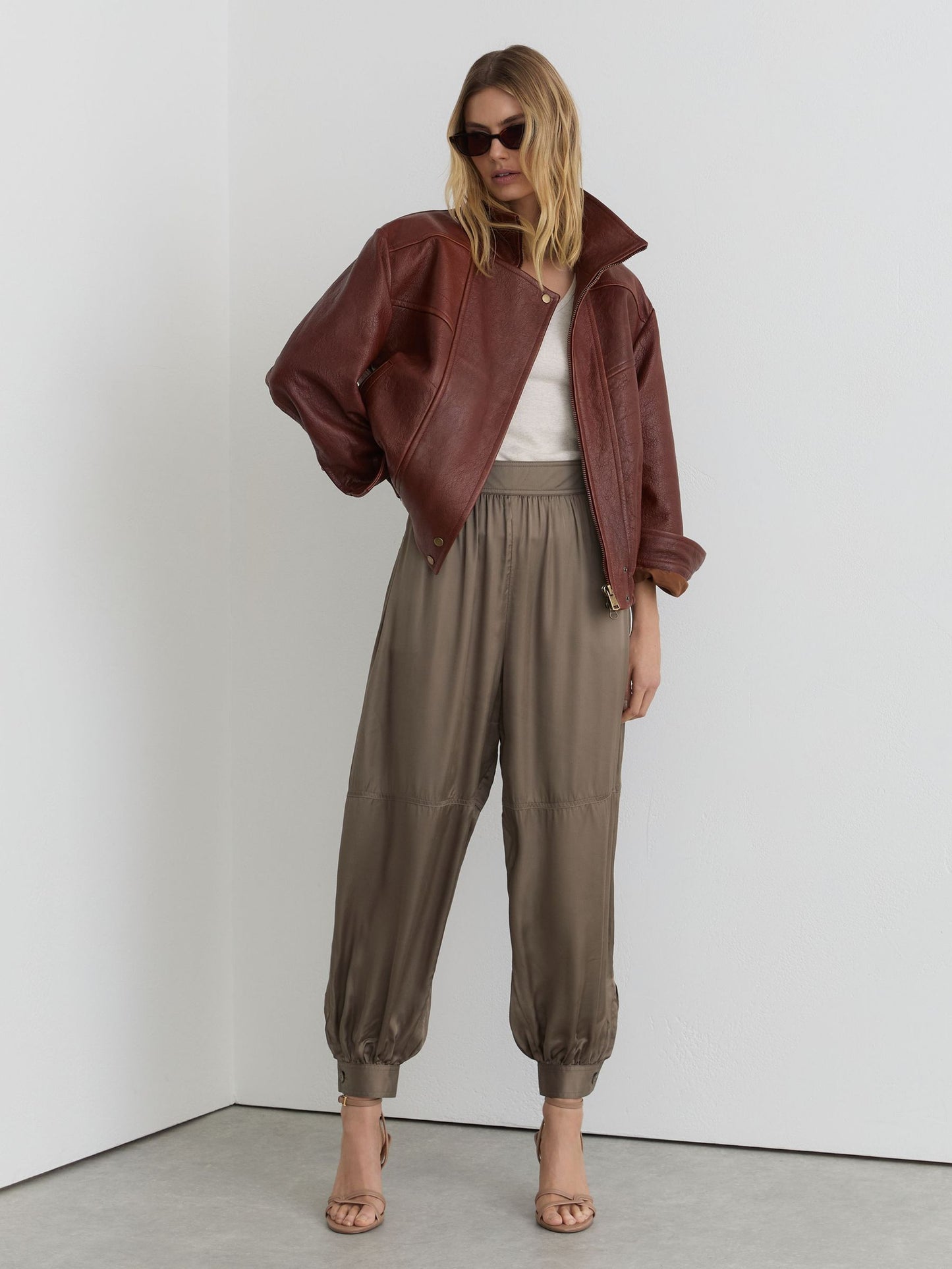 Satin Balloon-Leg Trousers in Taupe Neutral