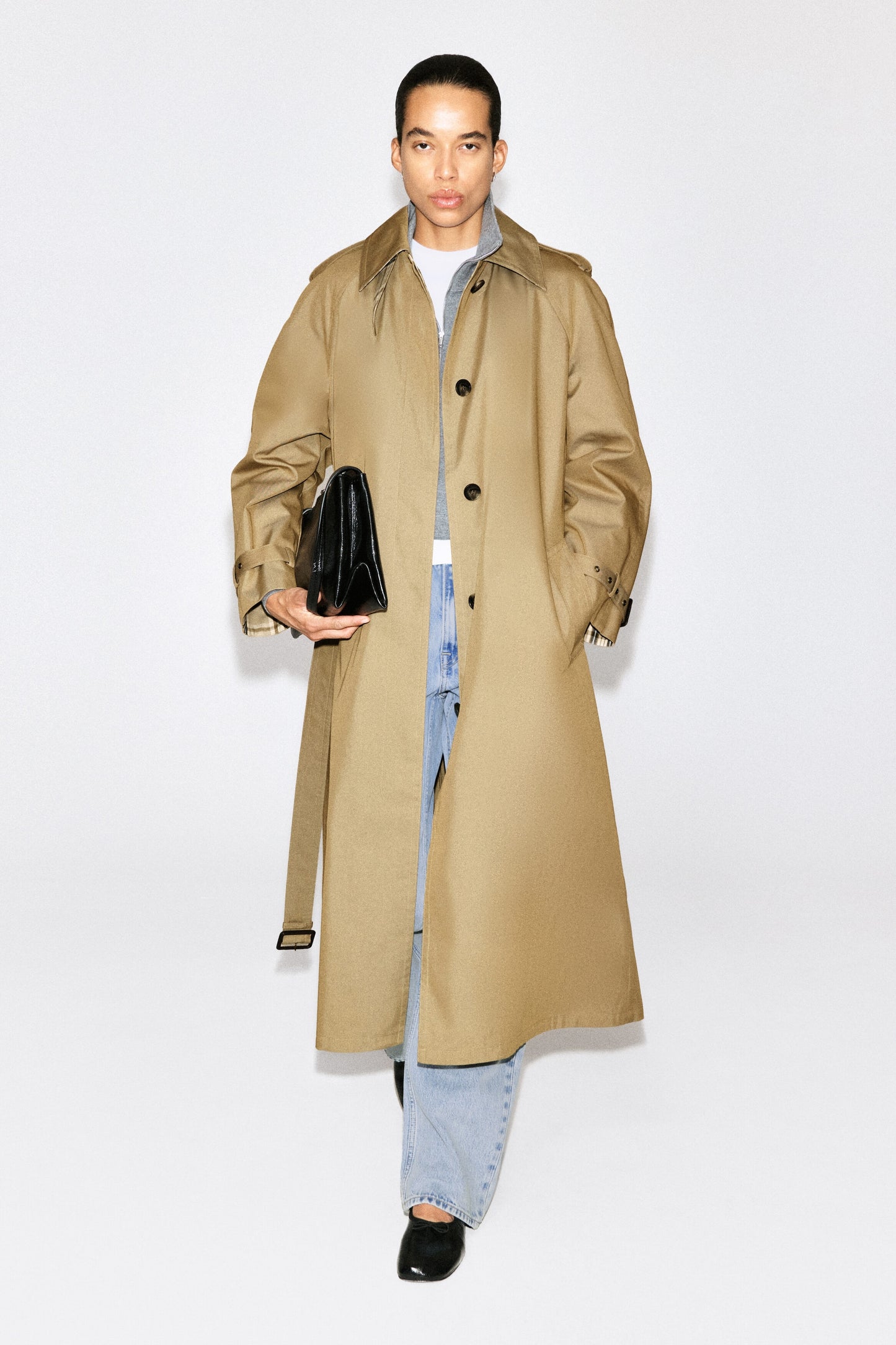 Check-Detail Belted Cotton Trench Coat
