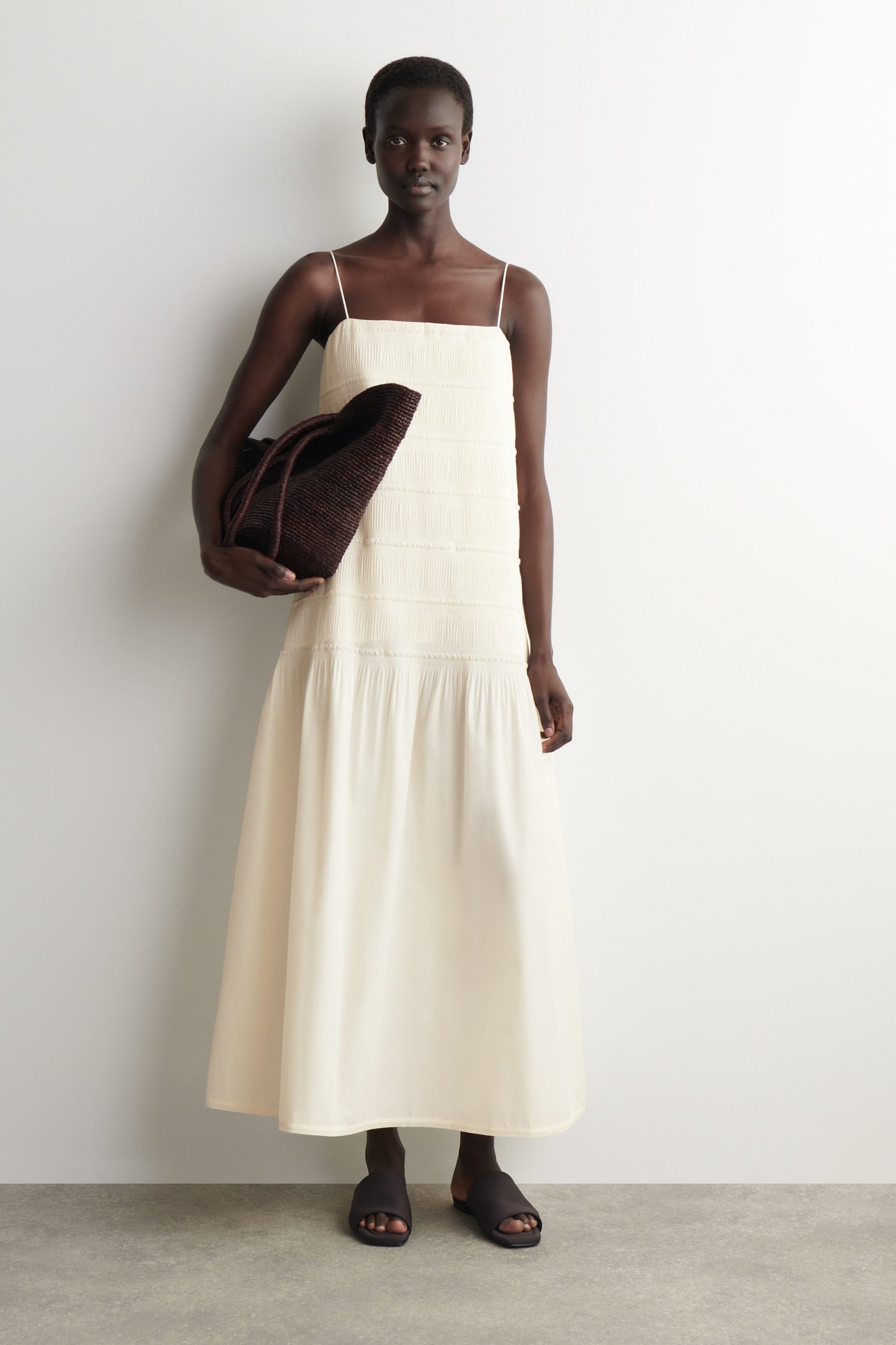 Ruched dropped-waist poplin midi dress