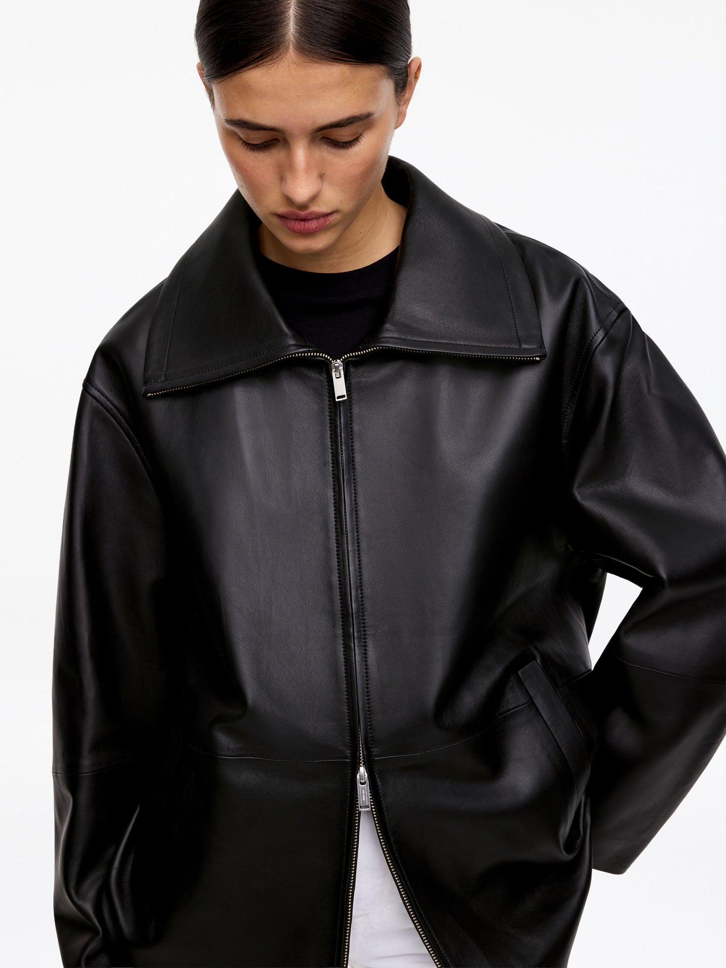 Funnel-Neck Leather Jacket