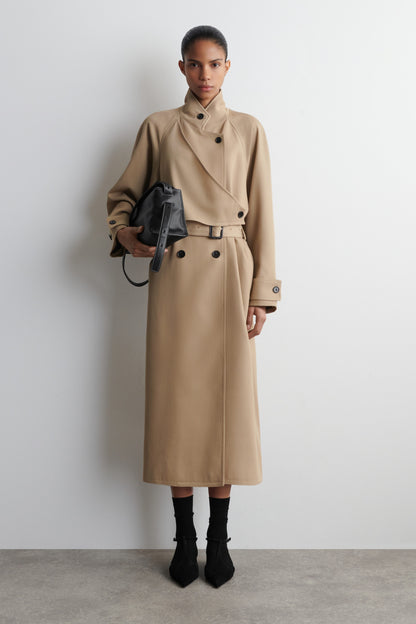 Wrap-Over Wool-Twill Trench Coat