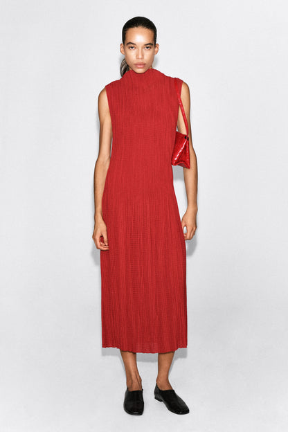 Pleated Jacquard Sleeveless Maxi Dress