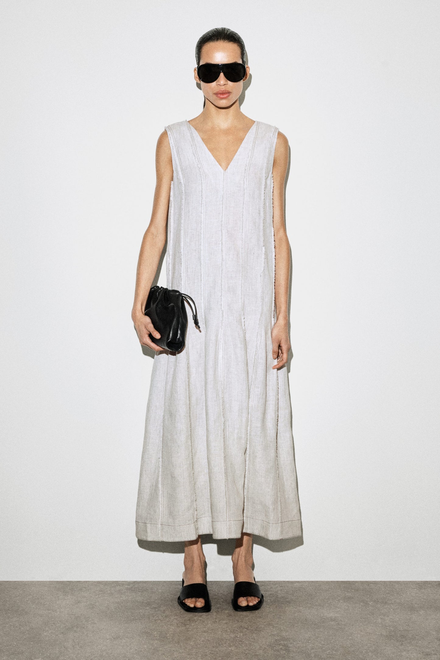 Sculpted Pleated Linen Midi Dress