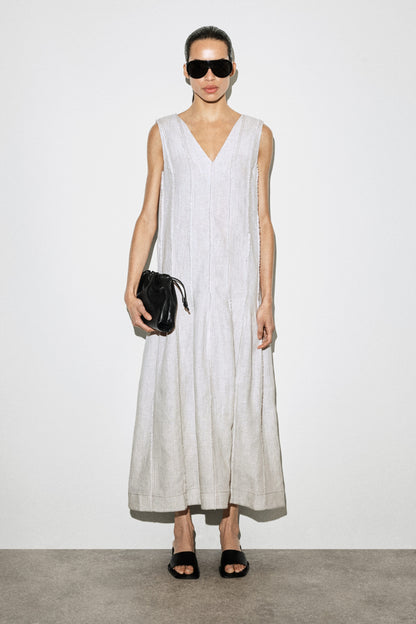 Sculpted Pleated Linen Midi Dress