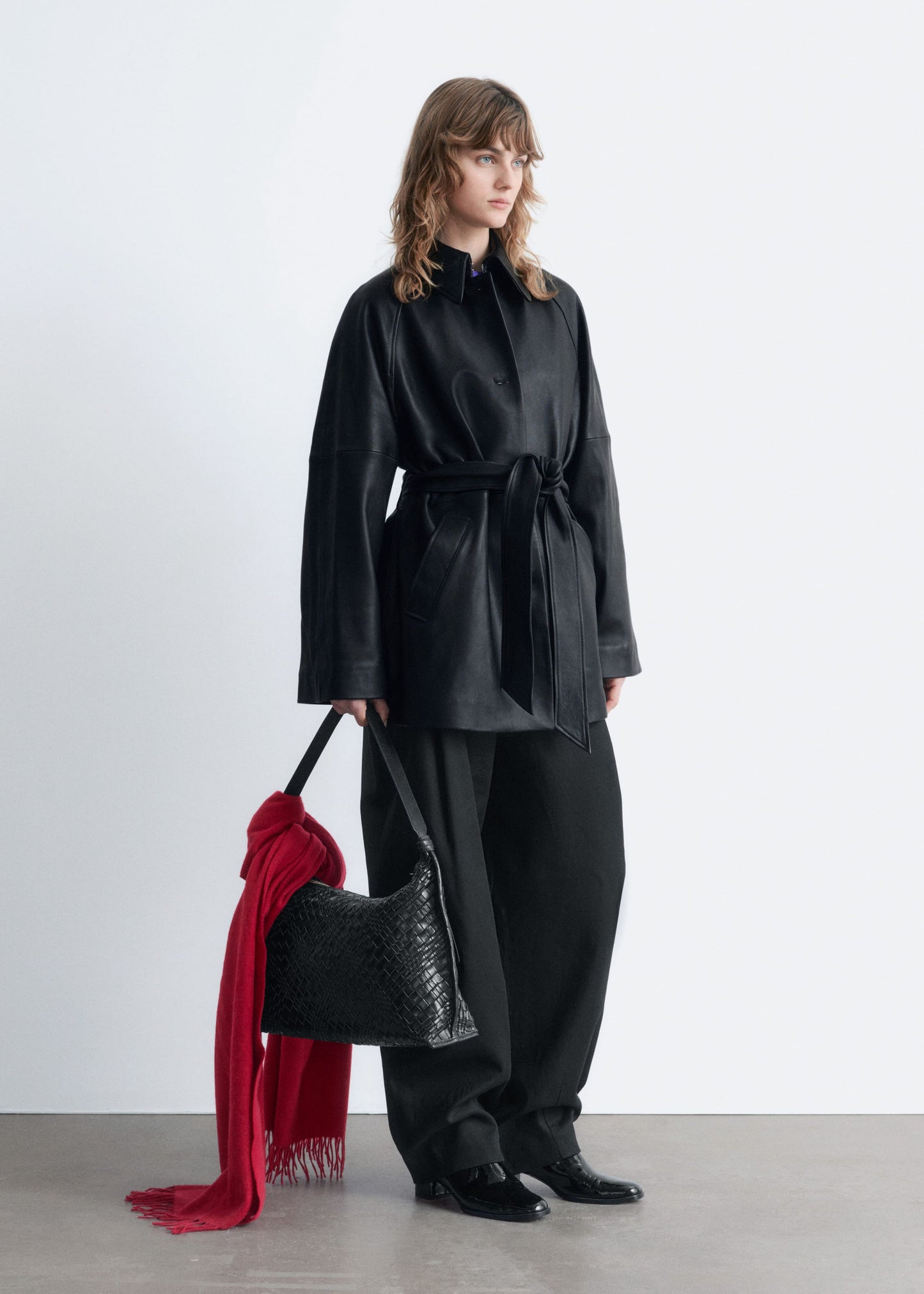 Tie-Belt Leather Coat