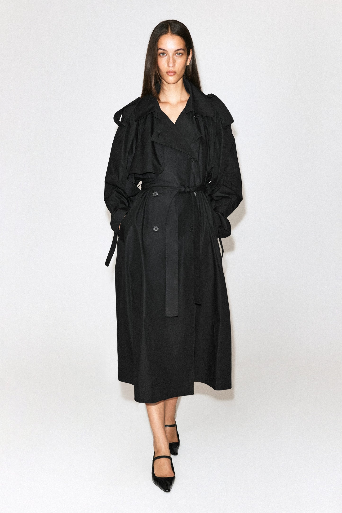 Funnel-Neck Cotton Trench Coat