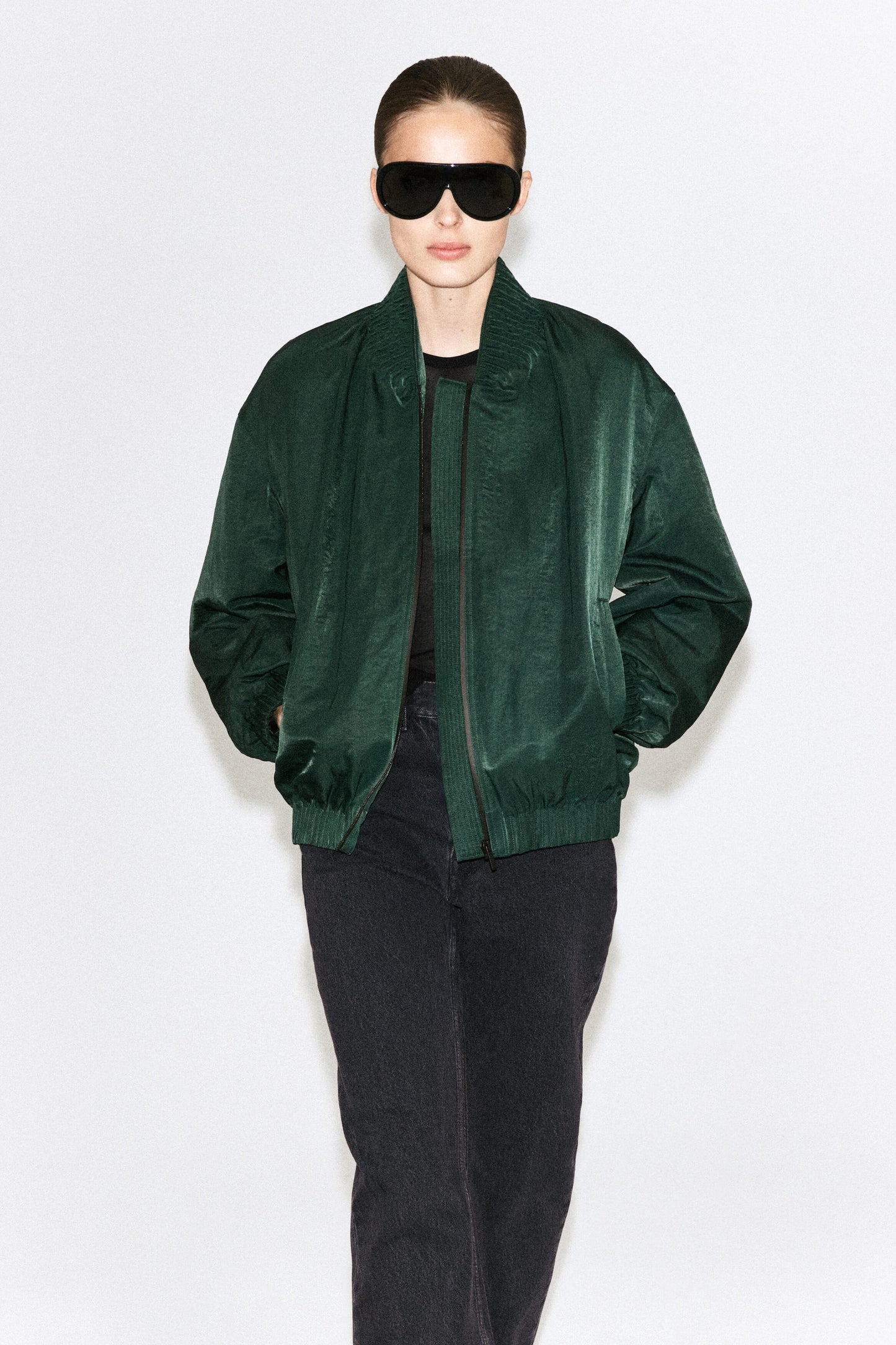 Gathered nylon bomber jacket